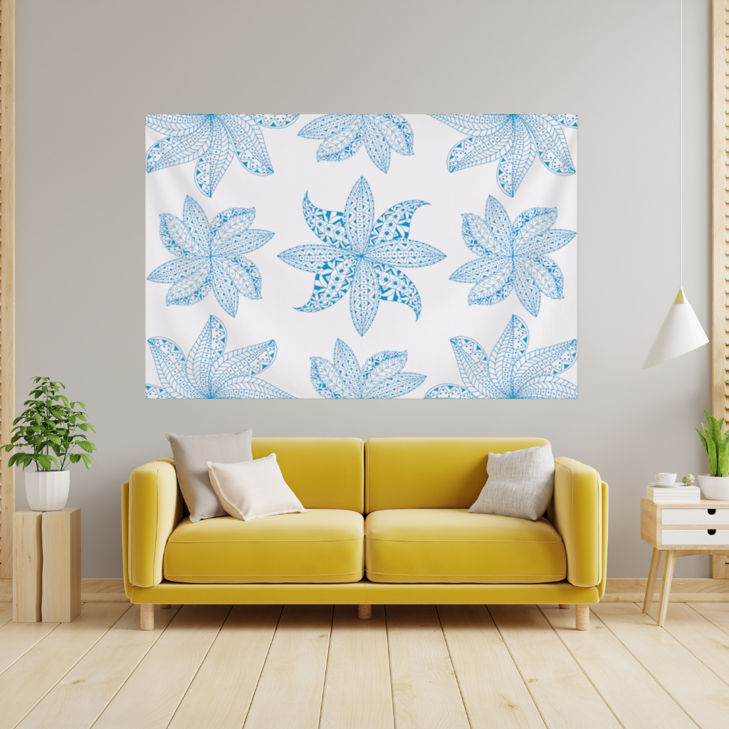 Blue Mandala Floral and Leaf Zentangle Pattern Wall Tapestry