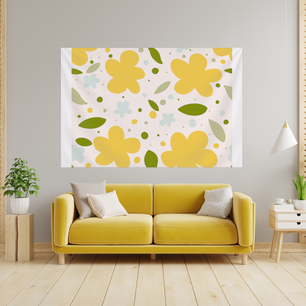 Sarı Çiçekli ve Yapraklı Boho Tarzı Dikişsiz Desen Duvar Örtüsü