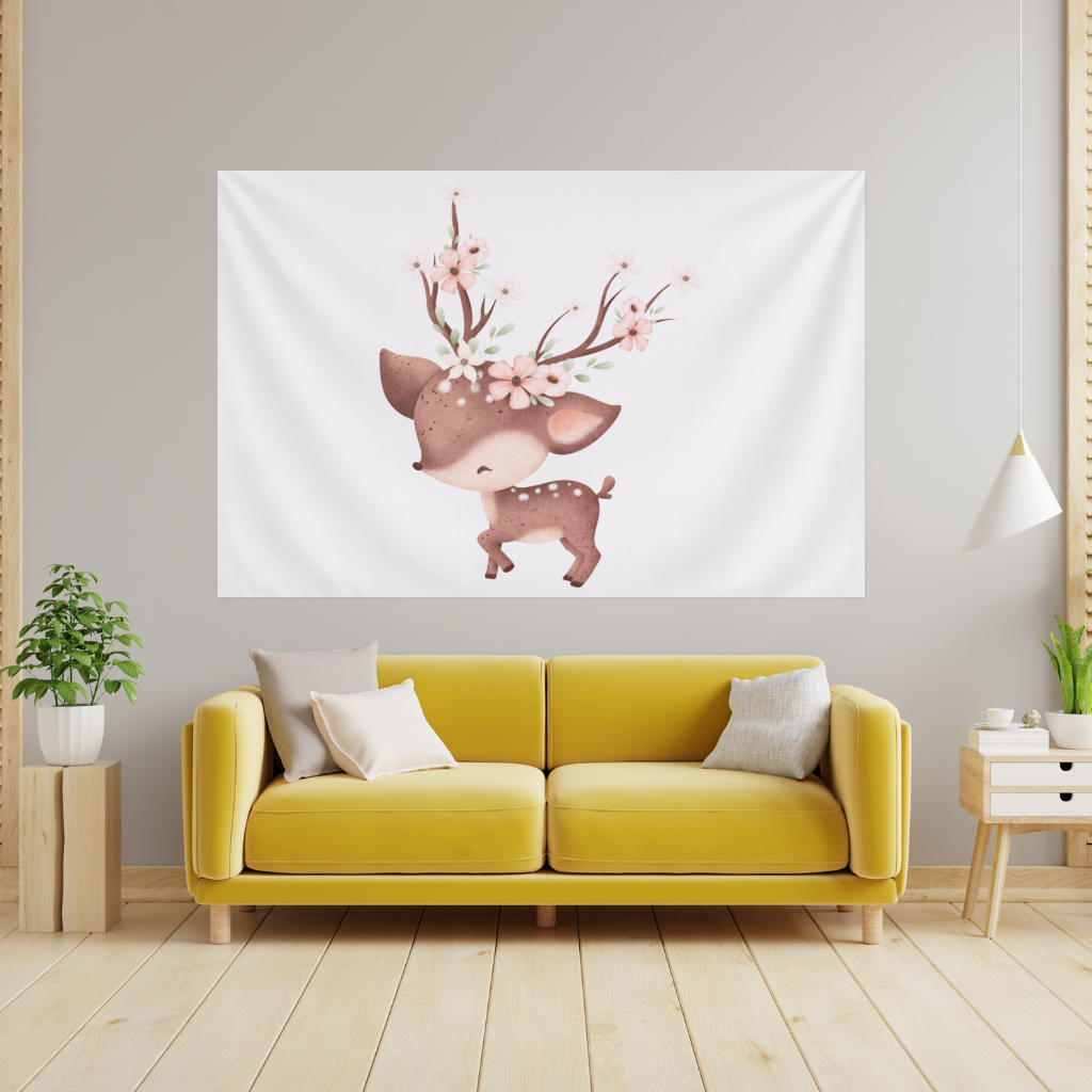Cute Baby Deer with Floral Antlers Wall Tapestry