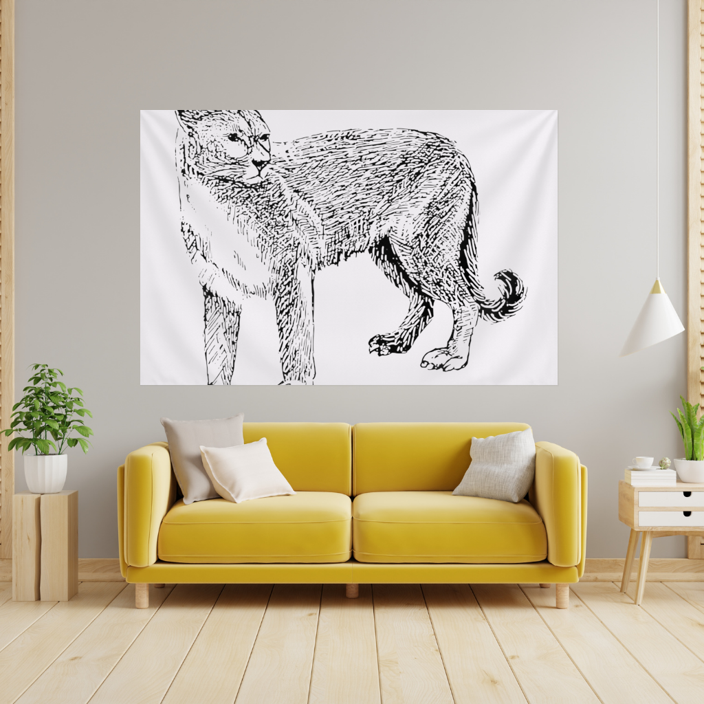 Black and White Wild Cat Sketch Illustration Wall Tapestry