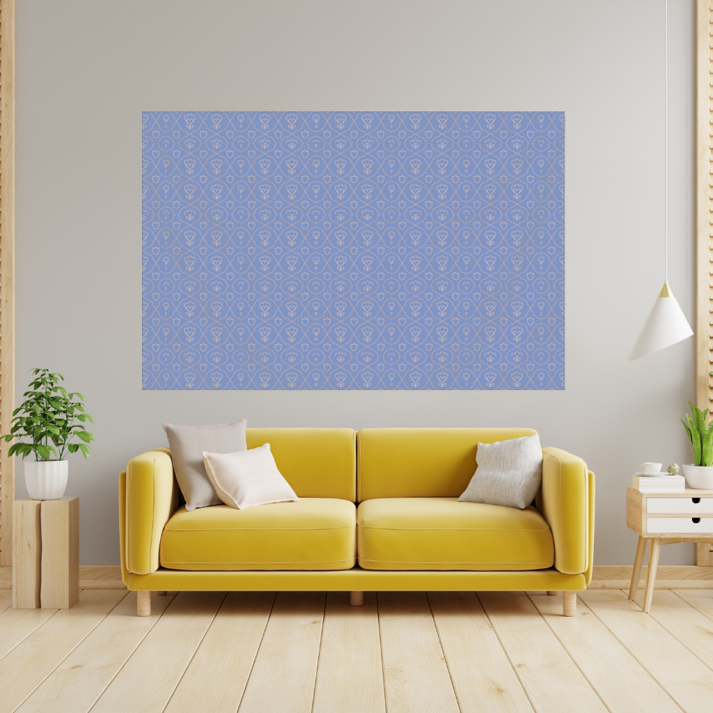 Orange Linear Floral Pattern on Blue Wall Tapestry