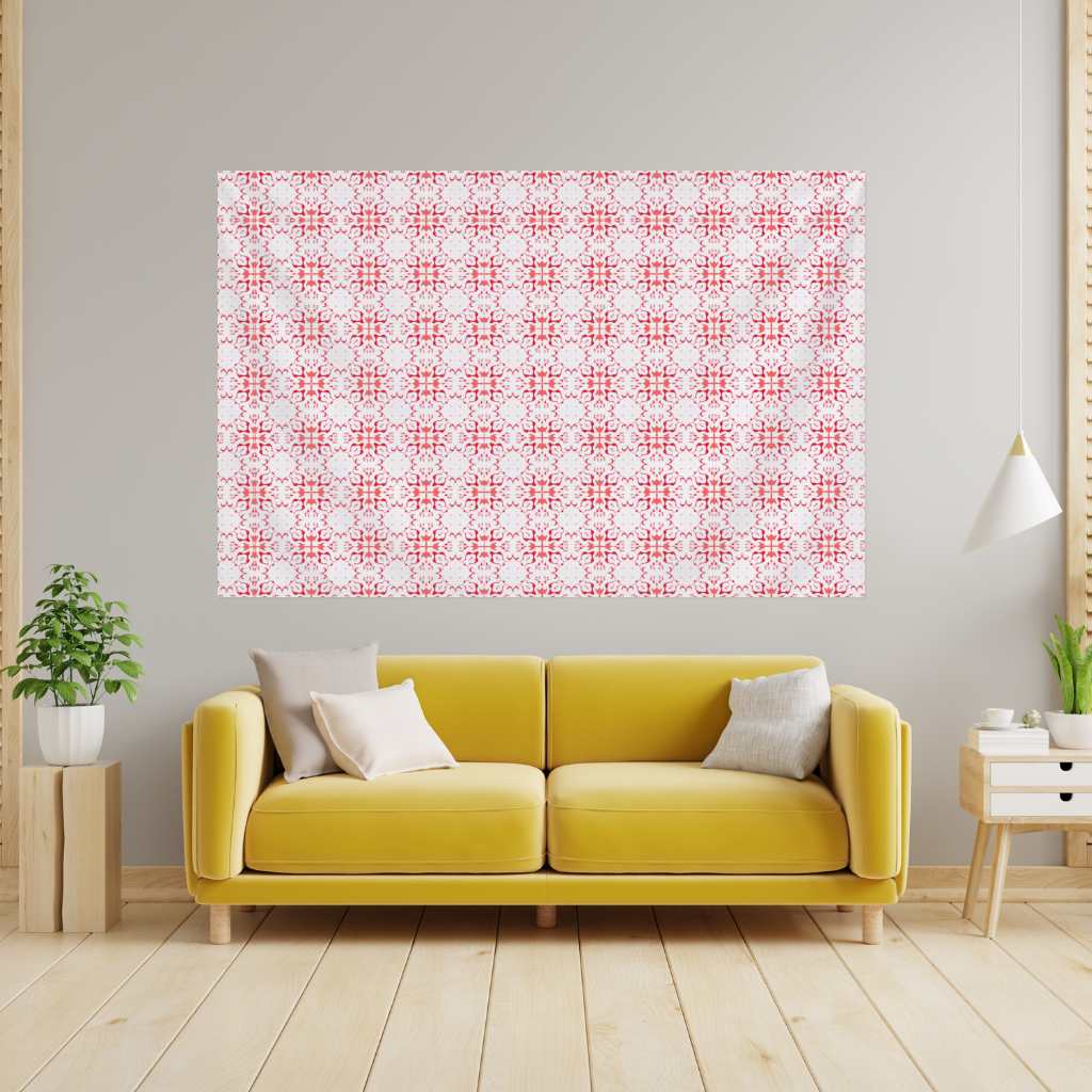 Red and White Traditional Tile Style Pattern Wall Tapestry