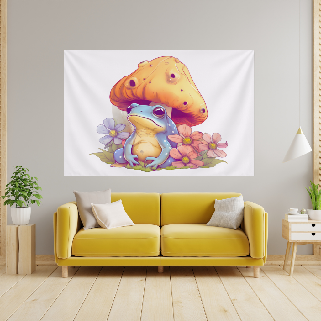 Blue Frog Resting Under Orange Mushroom Wall Tapestry