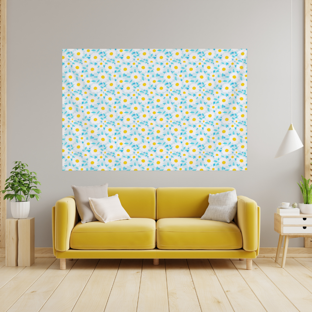 Daisy Garden and Turquoise Leaves Pattern Wall Tapestry