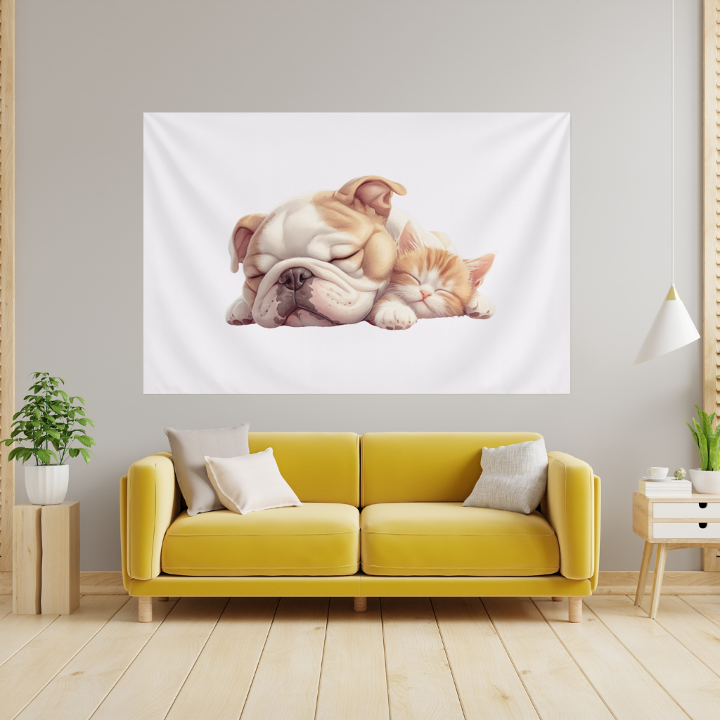 Uyuyan Buldog ve Yavru Kedi Duvar Örtüsü