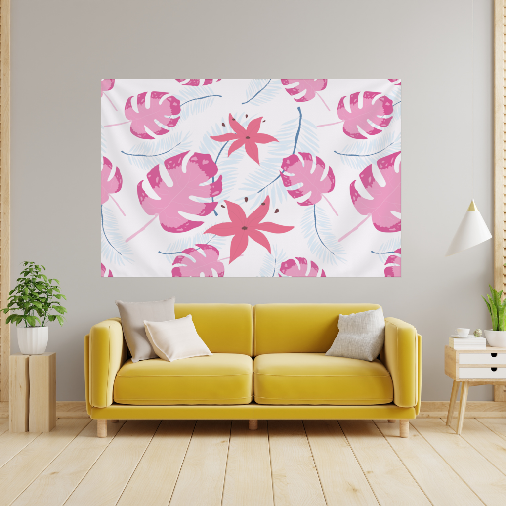 Pembe Monstera ve Tropikal Lilyum Duvar Örtüsü