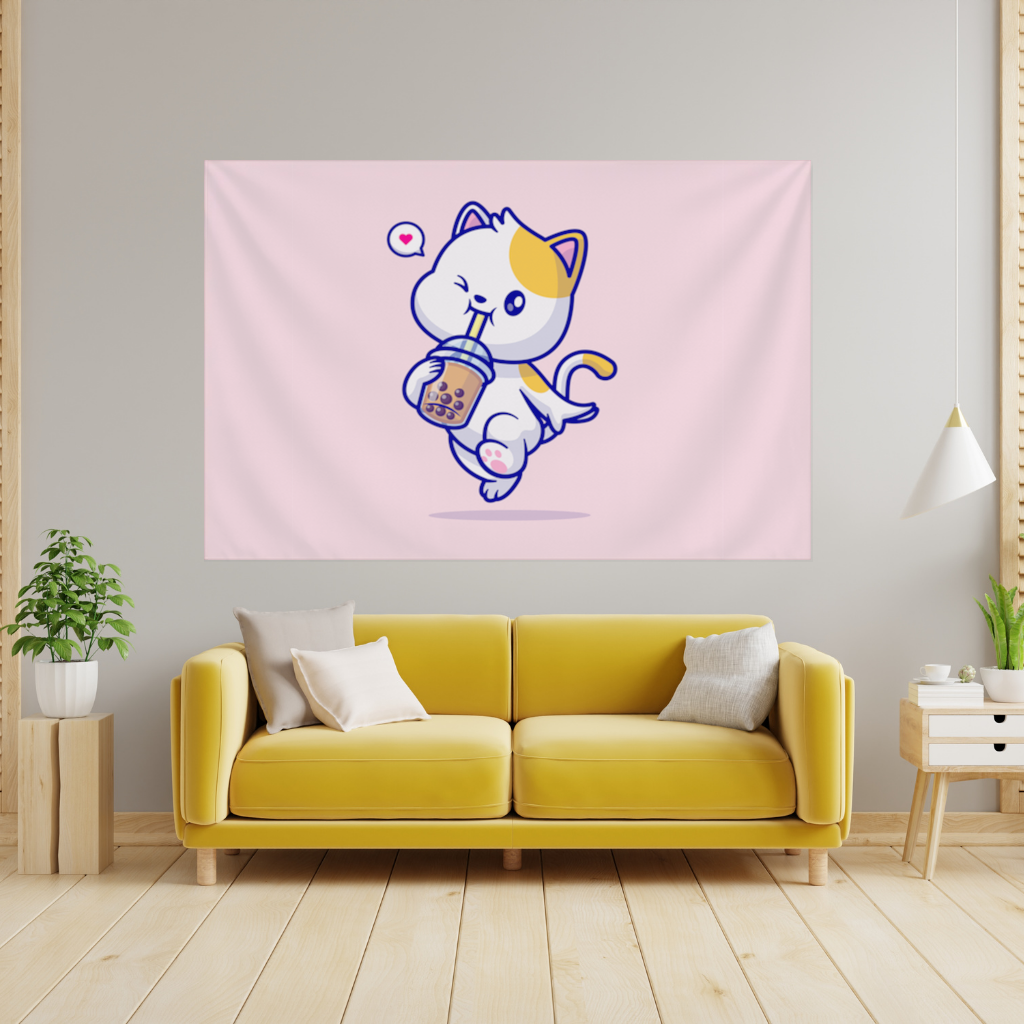 Kawaii Cat Drinking Boba Tea Wall Tapestry
