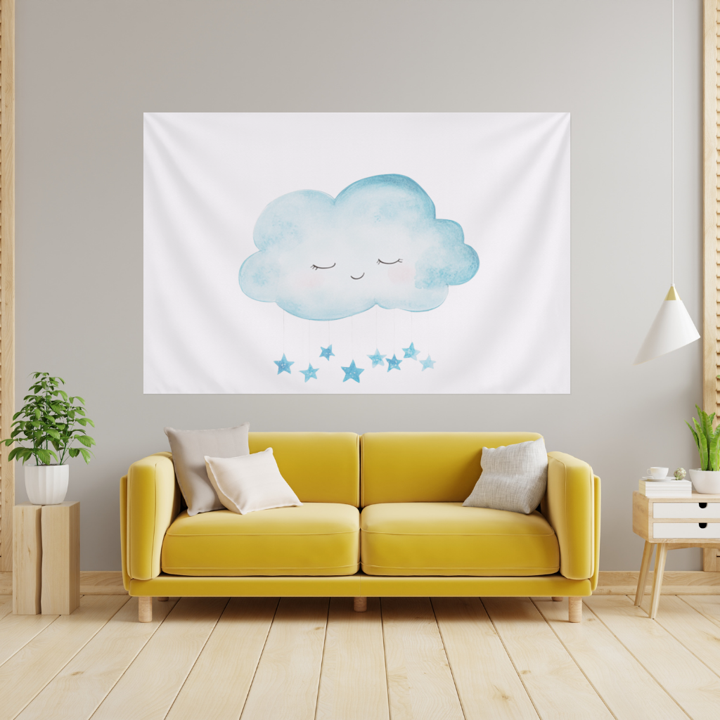 Watercolor Sleepy Cloud and Blue Stars Wall Tapestry