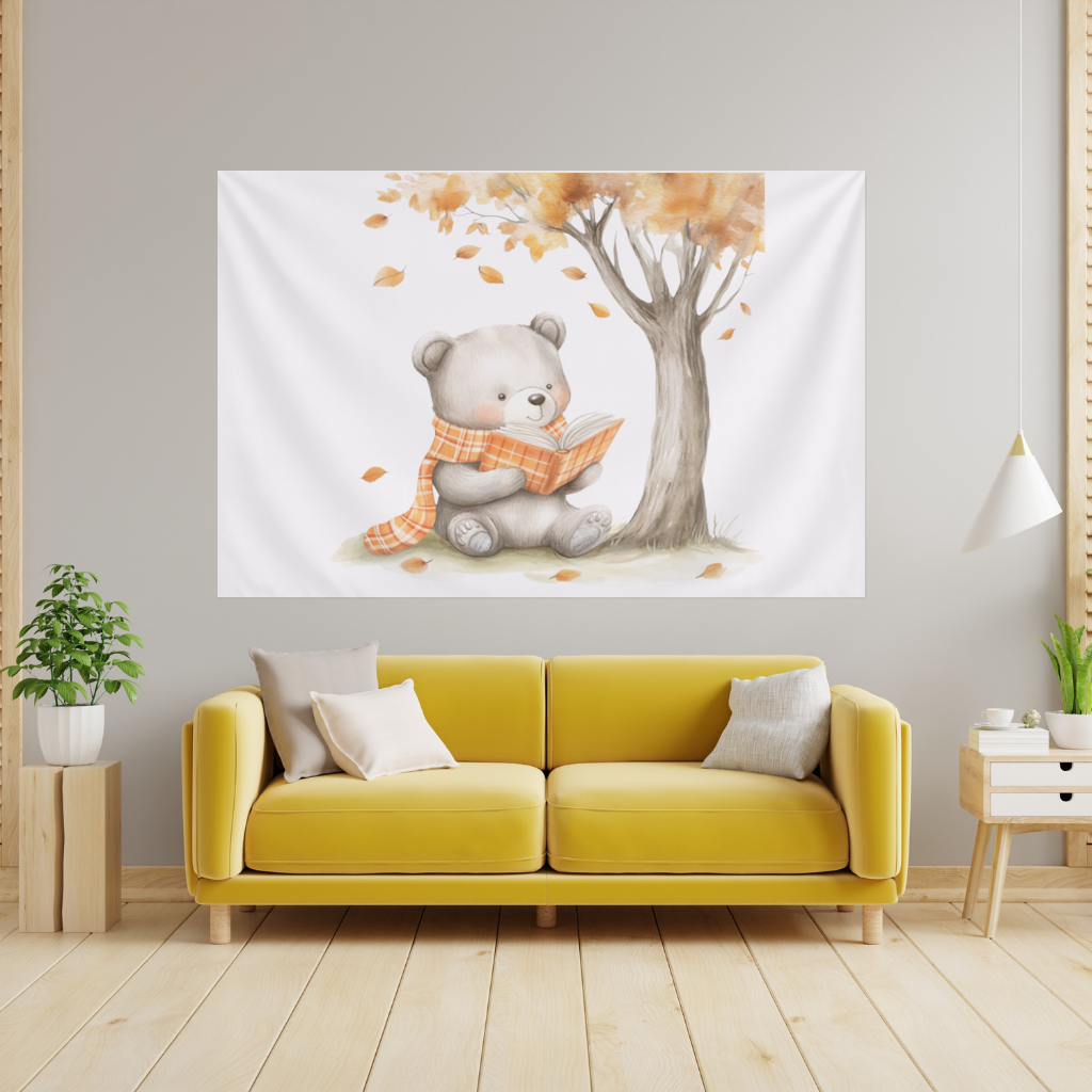 Reading Bear with Orange Scarf Wall Tapestry