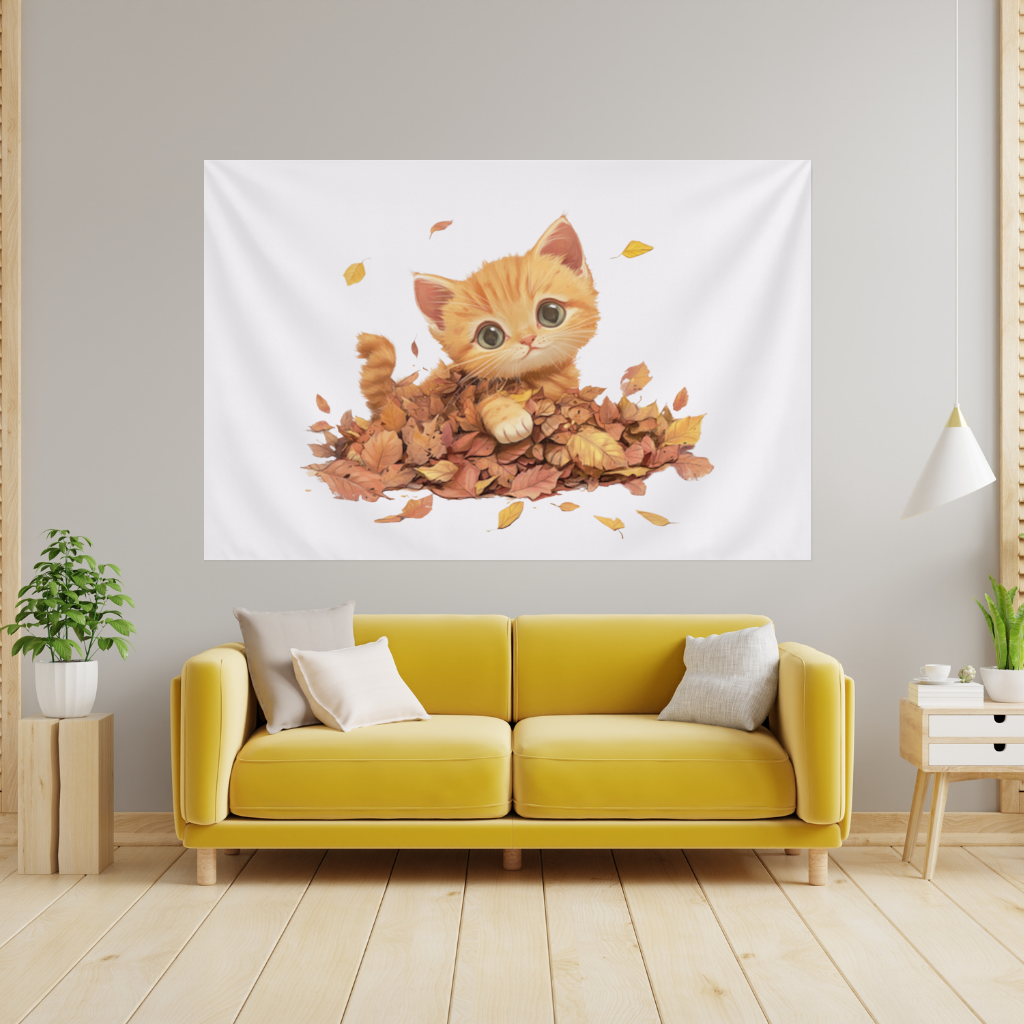 Ginger Kitten in Autumn Leaves Wall Tapestry