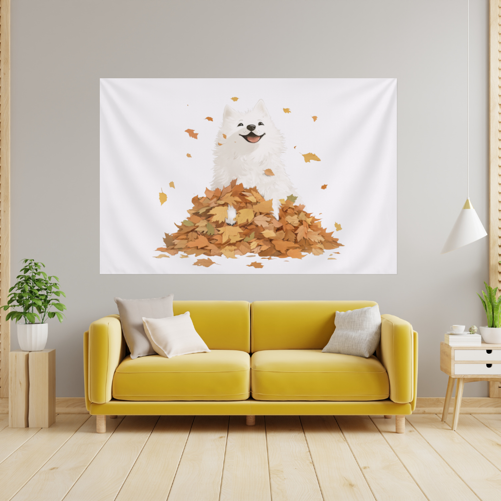 Happy White Dog in Autumn Leaves Wall Tapestry