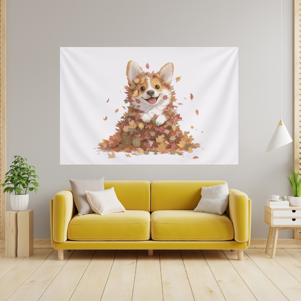 Happy Corgi Puppy in Fall Leaves Wall Tapestry
