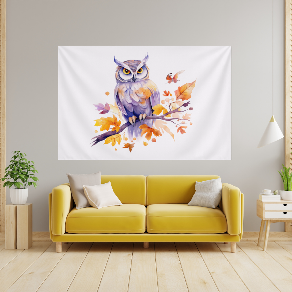 Whimsical Autumn Owl and Butterfly Wall Tapestry