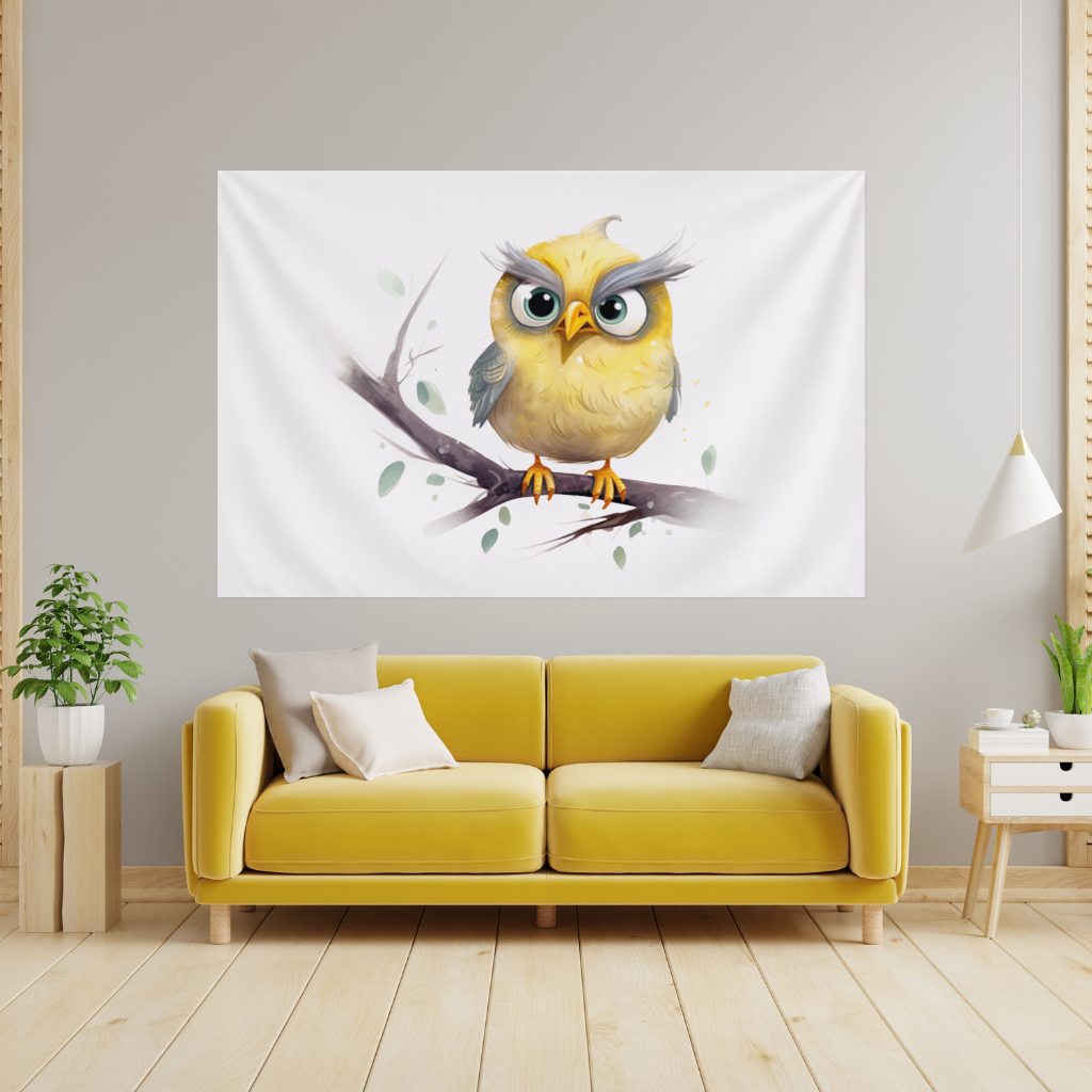 Grumpy Yellow Owl Wall Tapestry