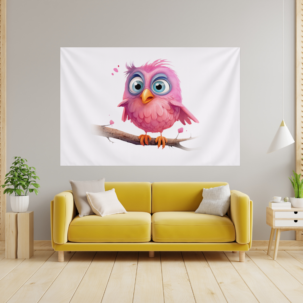 Cute Pink Bird with Large Blue Eyes Wall Tapestry