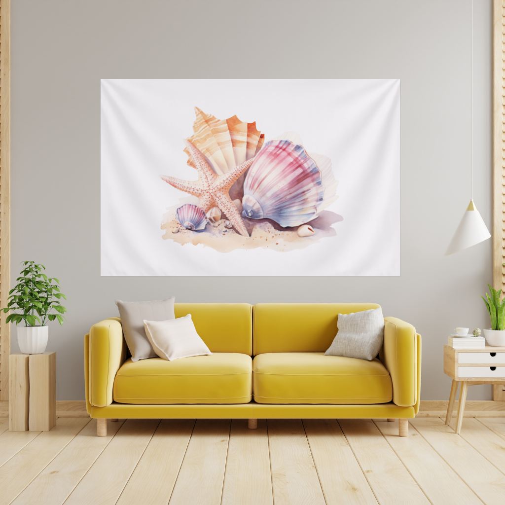 Watercolor Coastal Seashells Wall Tapestry
