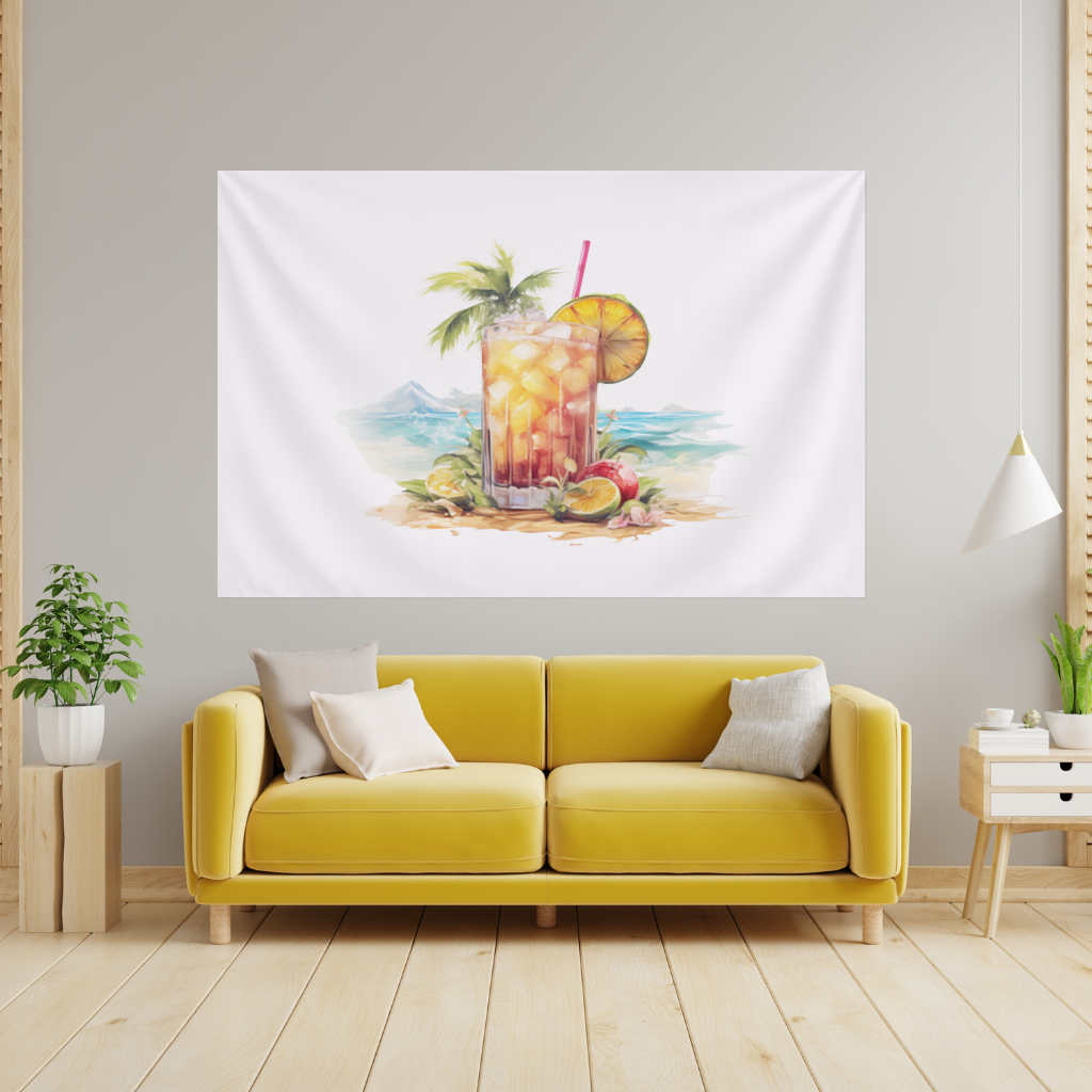 Tropical Island Beach Cocktail with Fruit Wall Tapestry
