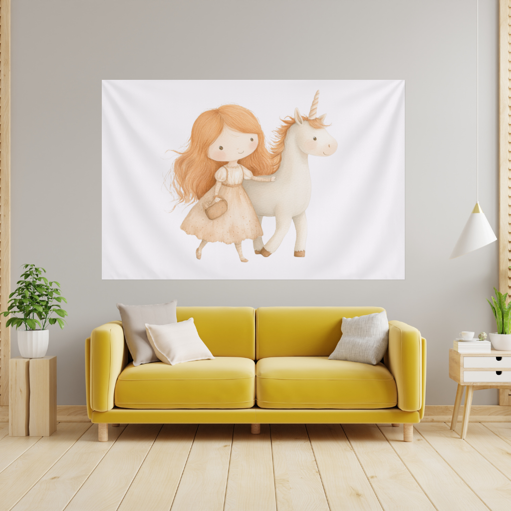 Ginger Girl with Whimsical White Unicorn Wall Tapestry