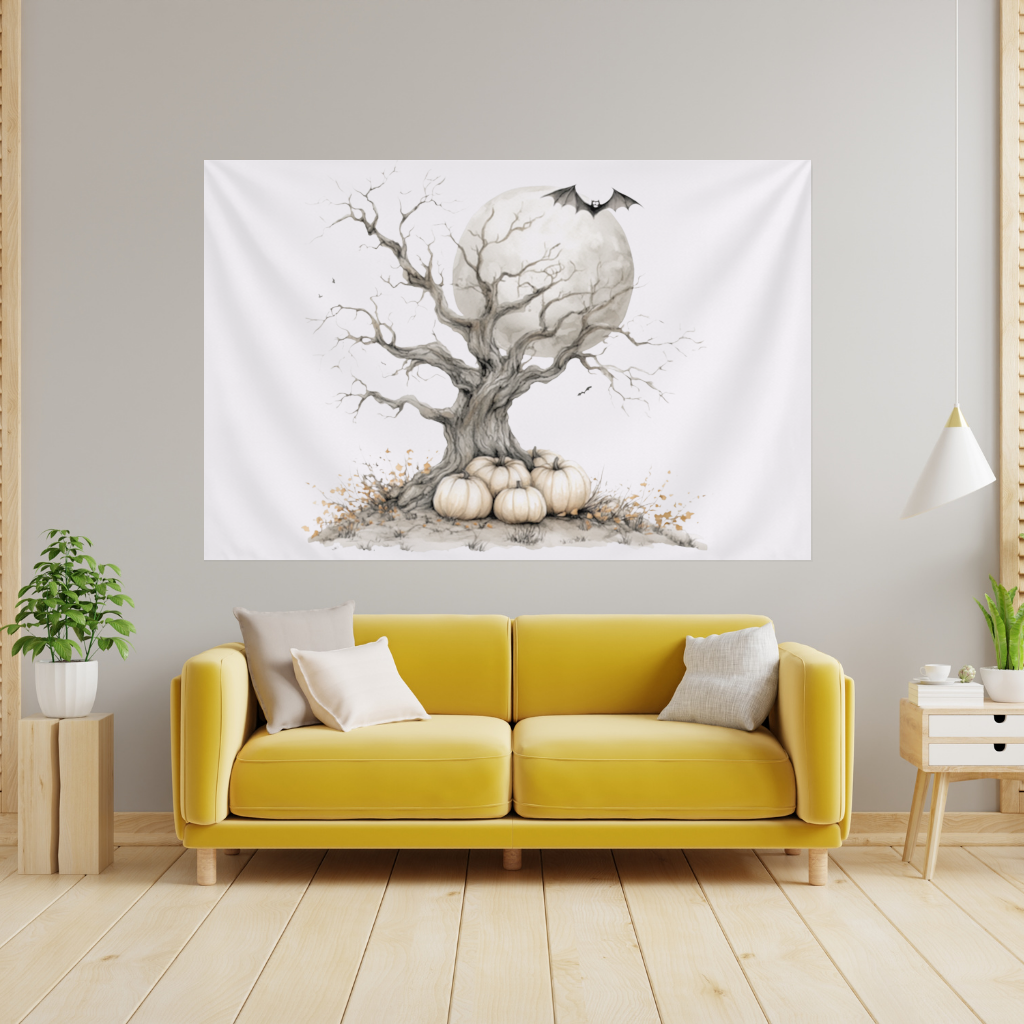 Spooky Tree with White Pumpkins Moon Wall Tapestry