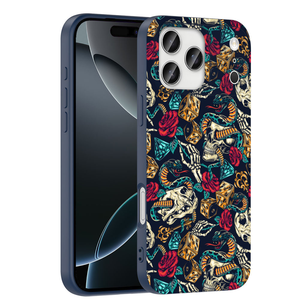 Skull Snake Dice and Roses Pattern iPhone 17 Pro Max Case