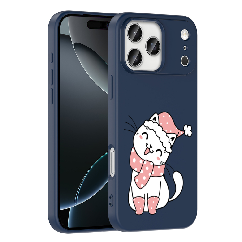 Sevimli Yılbaşı Kedisi Pembe Puantiyeli Çizim iPhone 17 Pro Max Kılıfı