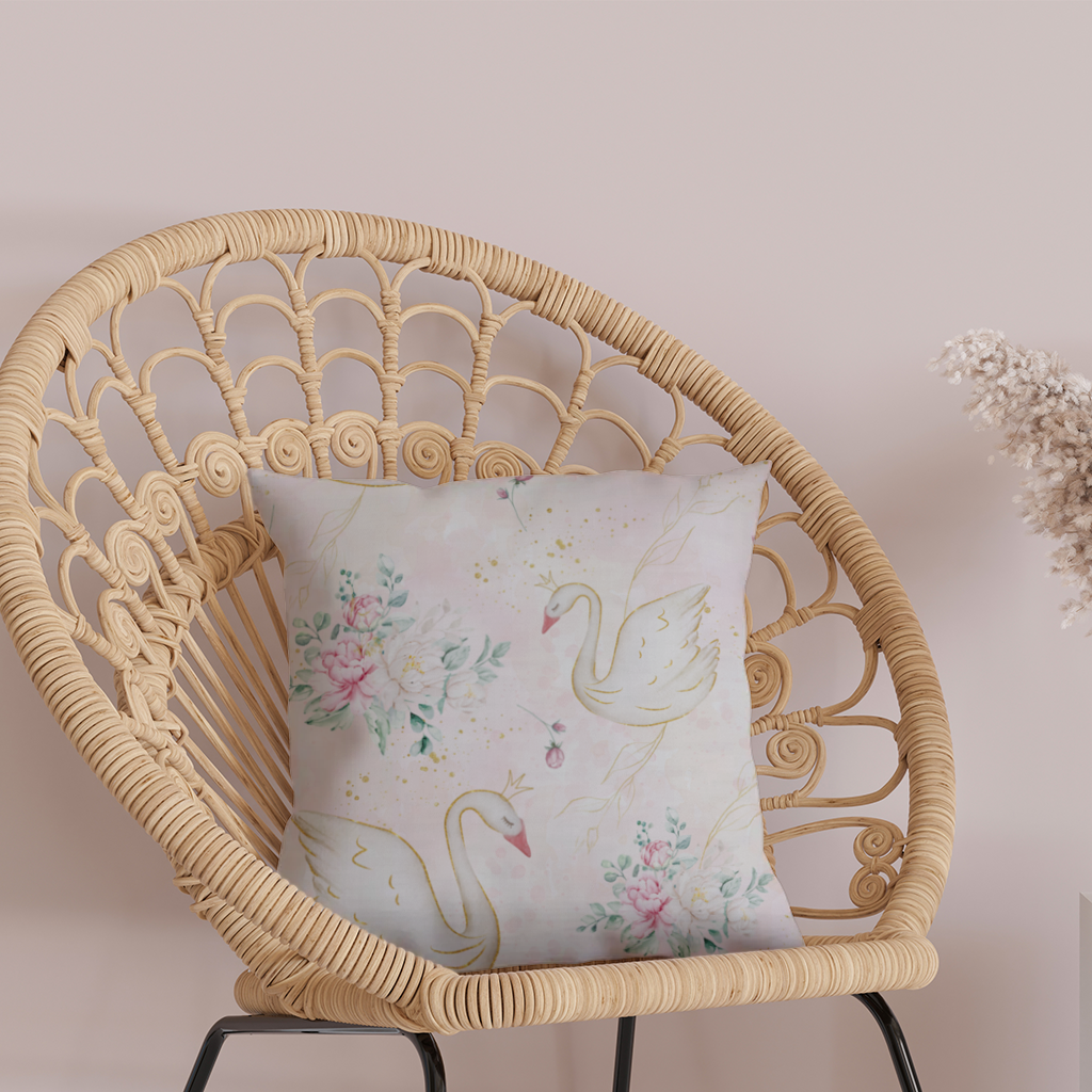Pastel Kuğu ve Çiçekli Suluboya Desen Dekoratif Kırlent Kılıfı