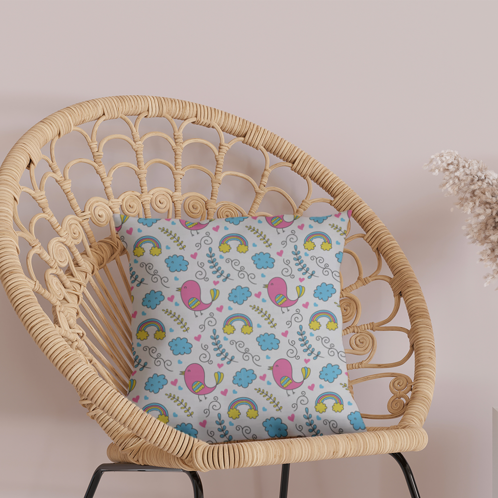 Cute Pink Bird and Rainbow Kids Pattern Decorative pillow cover
