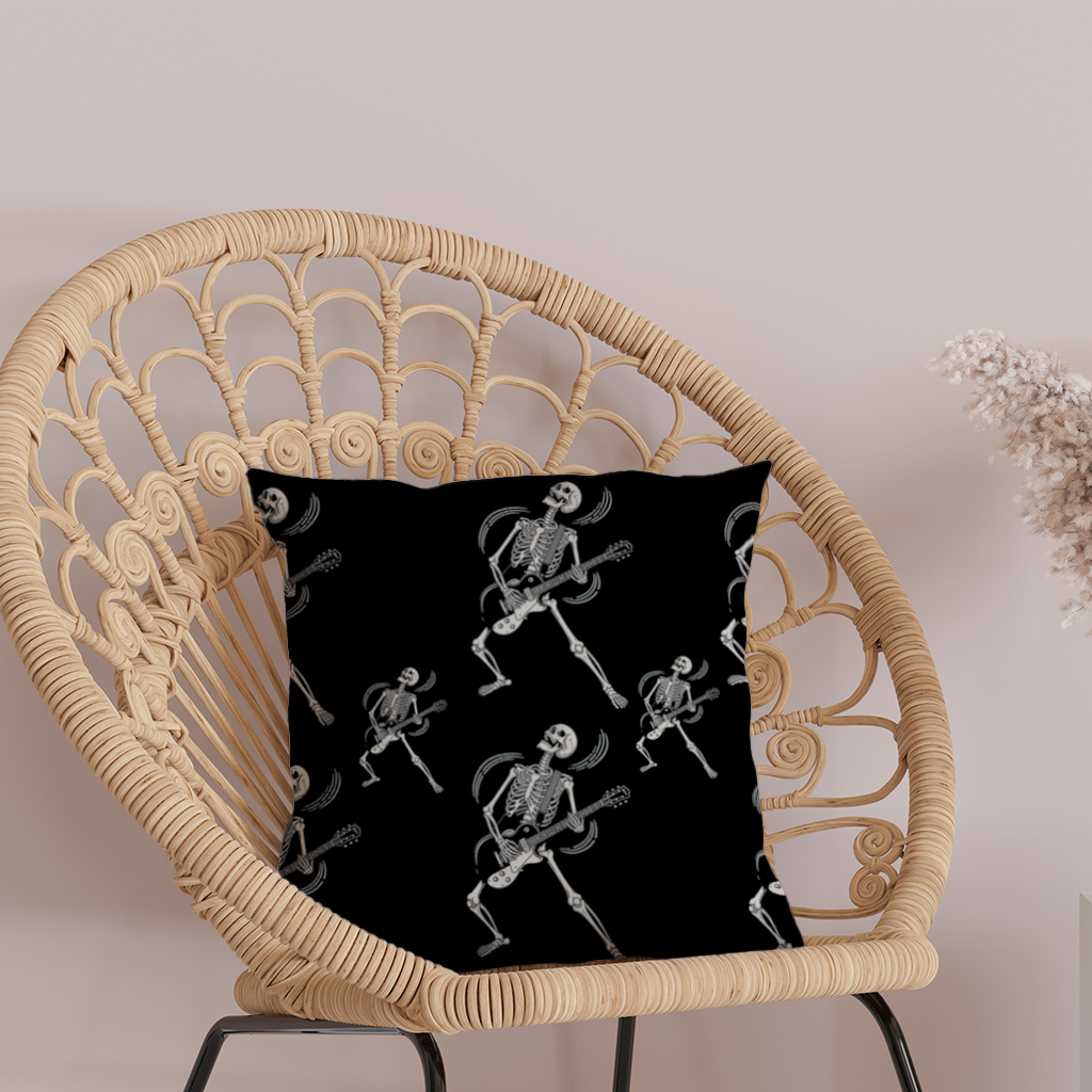 Rock Guitar Playing Skeleton Pattern on Black Decorative pillow cover