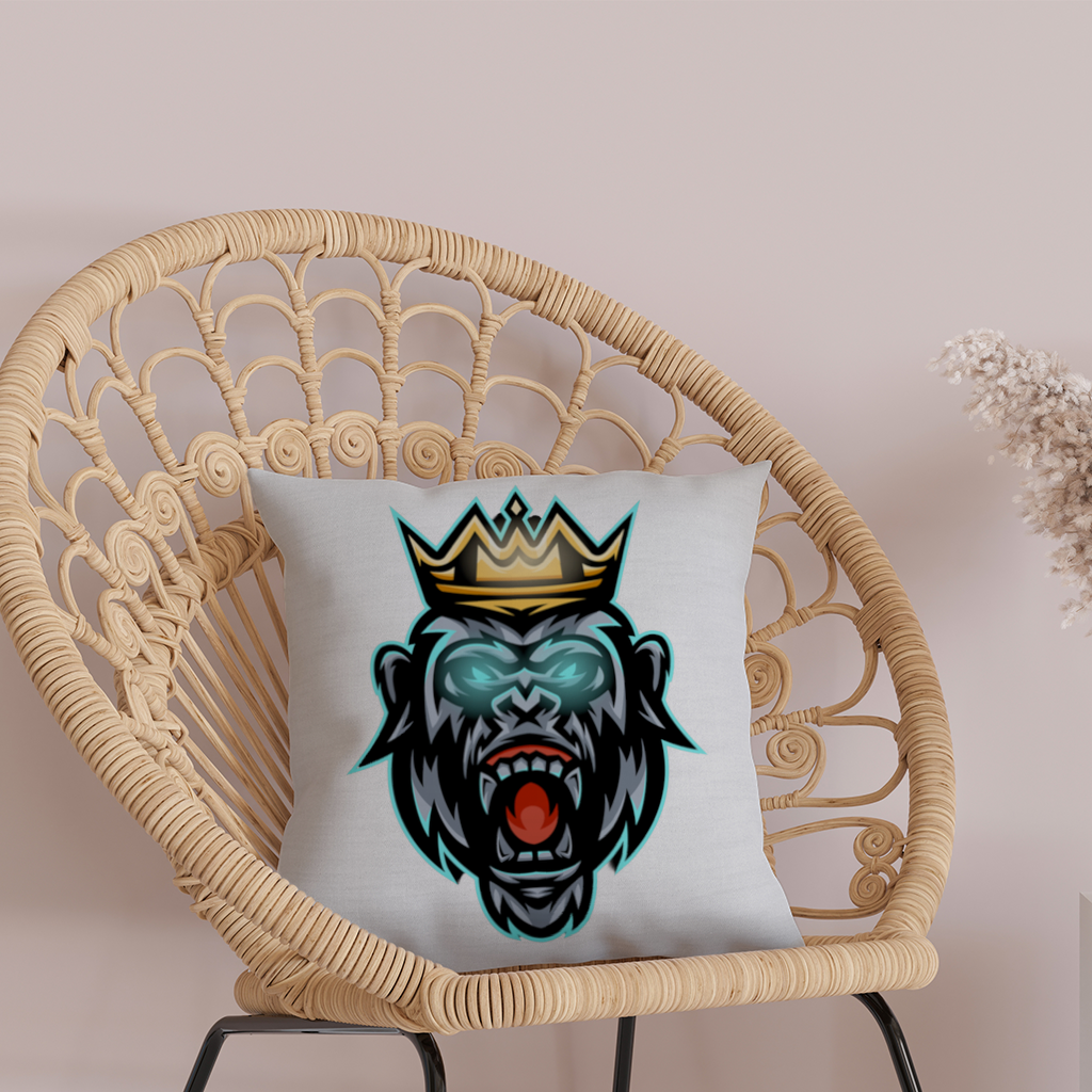 Taçlı Öfkeli Goril Kral Grafiği - Neon Detaylı Maskot Dekoratif Kırlent Kılıfı