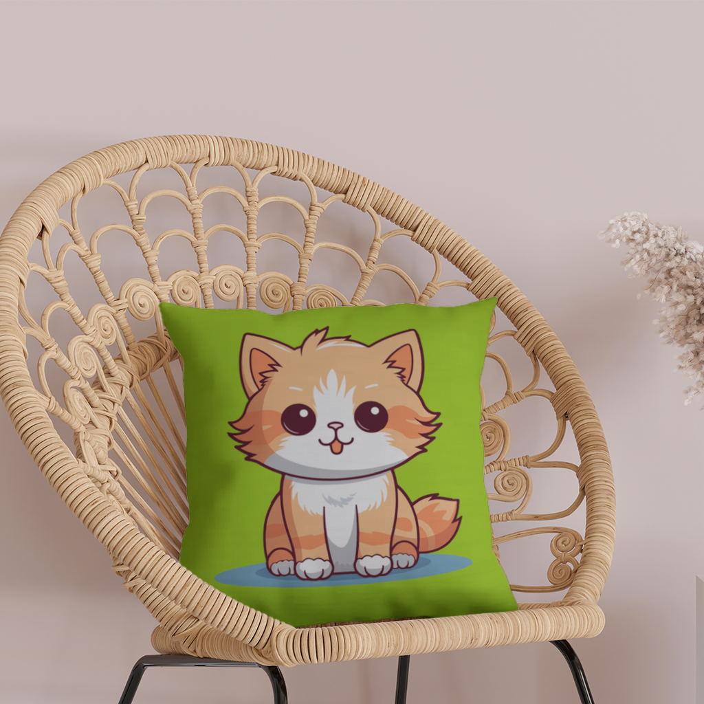 Sevimli Turuncu Kedi Çizimi Dekoratif Kırlent Kılıfı