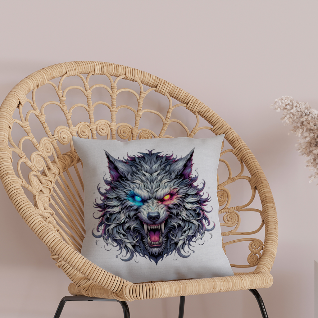 Fierce Wolf Head Illustration Heterochromia Eyes, Savage Wolf Decorative pillow cover