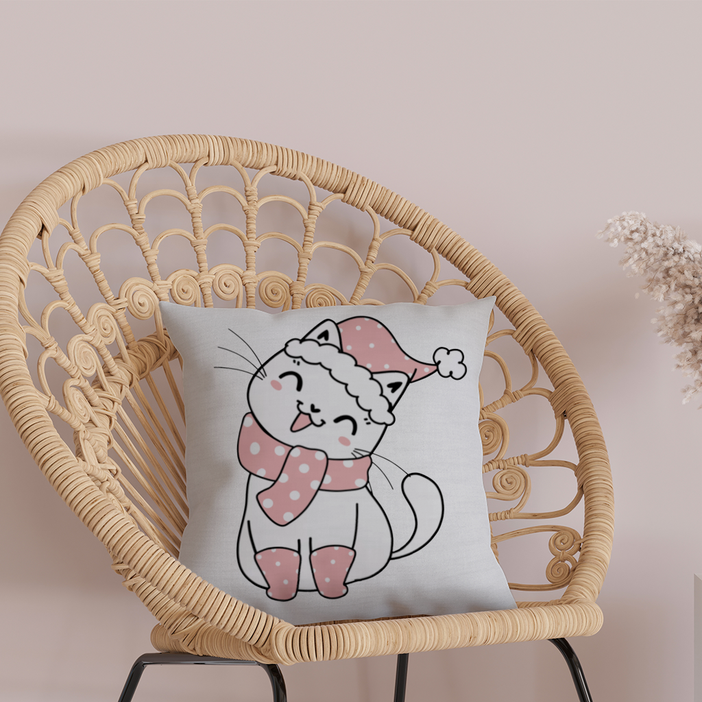 Sevimli Yılbaşı Kedisi Pembe Puantiyeli Çizim Dekoratif Kırlent Kılıfı