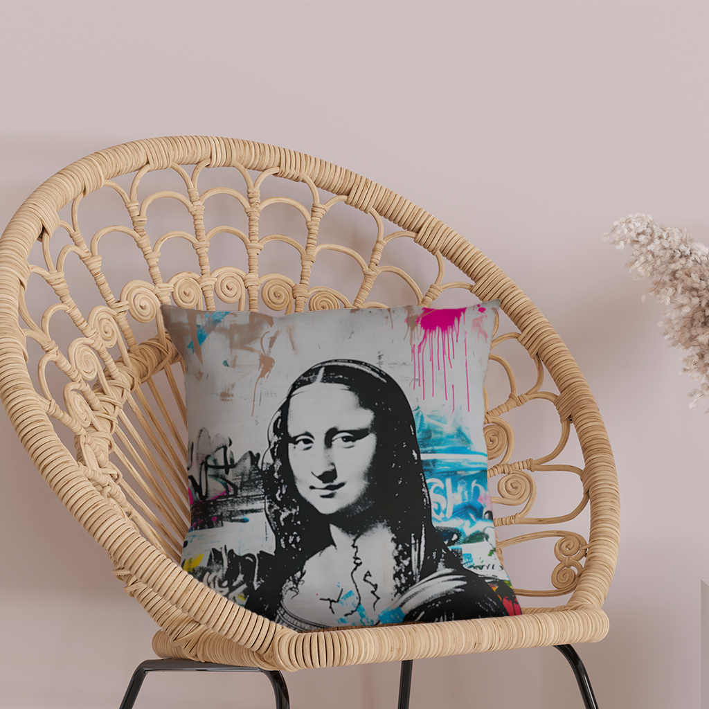 Graffiti Tarzı Modern Mona Lisa İllüstrasyonu Dekoratif Kırlent Kılıfı