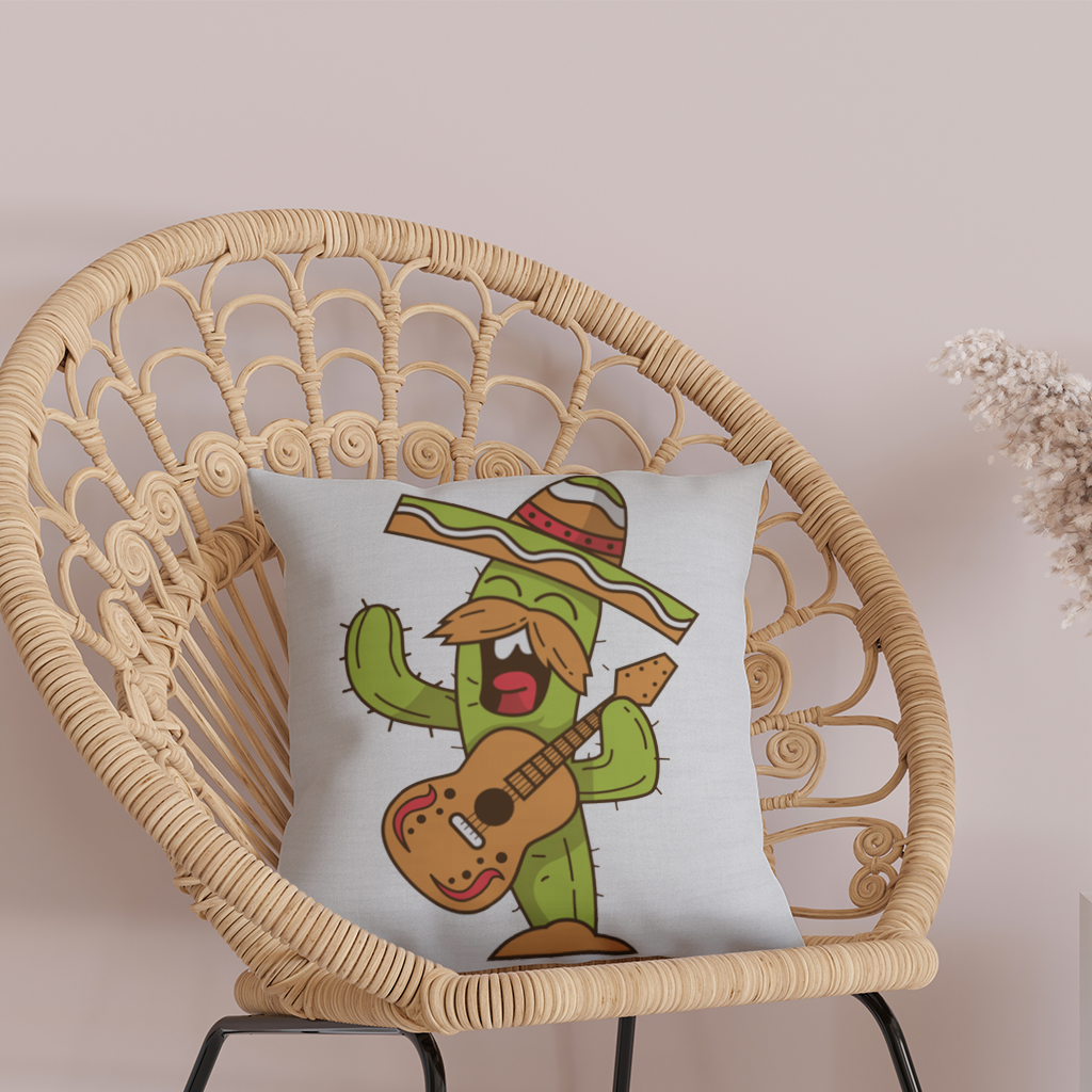 Gitar Çalan Mariachi Kaktüs Dekoratif Kırlent Kılıfı
