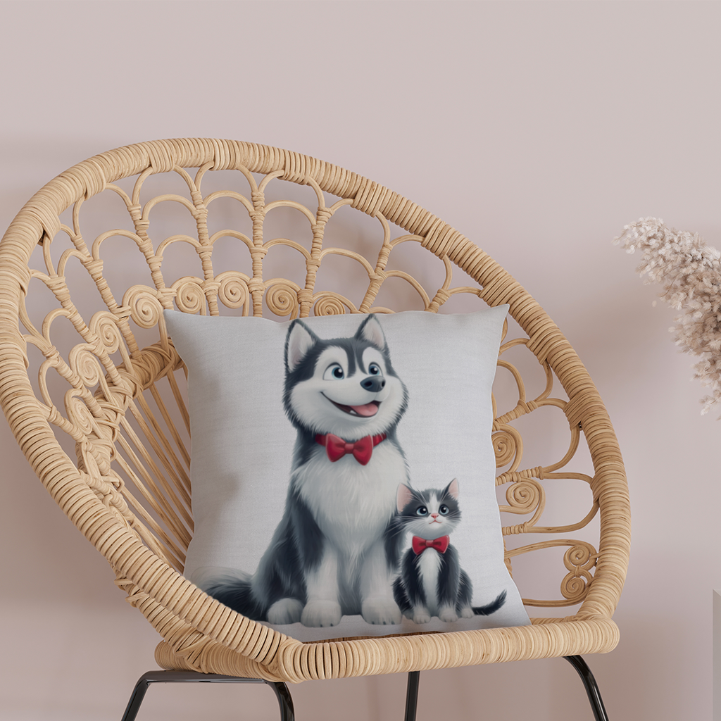 Papyonlu Sibirya Kurdu ve Yavru Kedi Dekoratif Kırlent Kılıfı