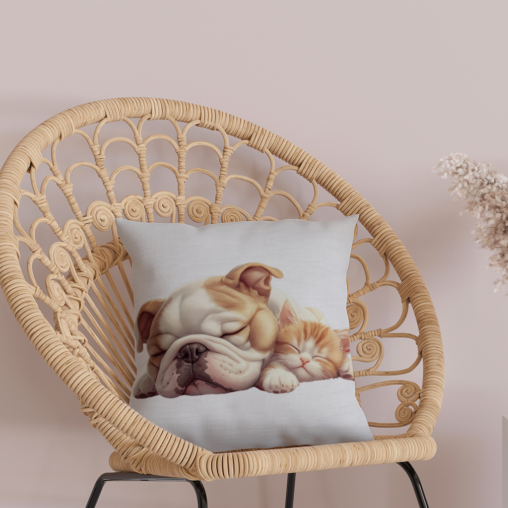 Uyuyan Buldog ve Yavru Kedi Dekoratif Kırlent Kılıfı