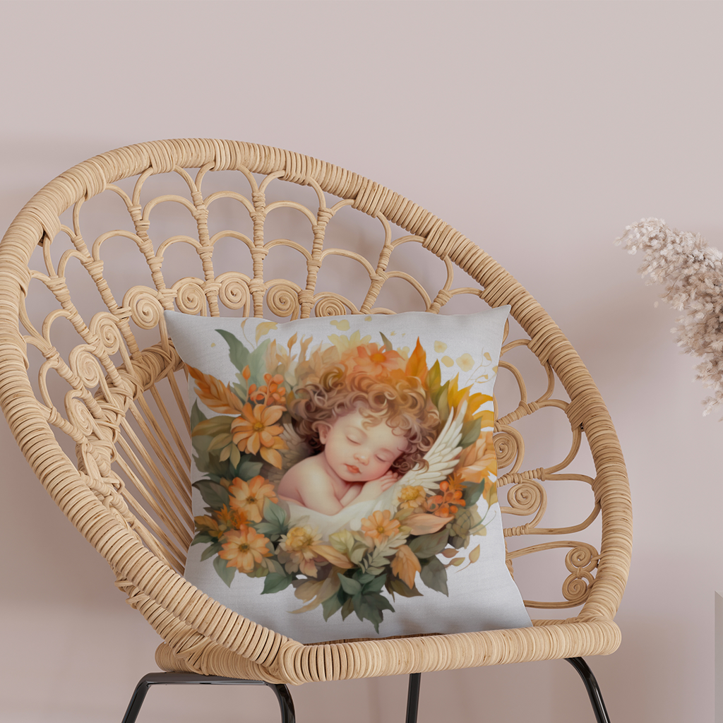 Çiçekler Arasında Uyuyan Bebek Melek Dekoratif Kırlent Kılıfı