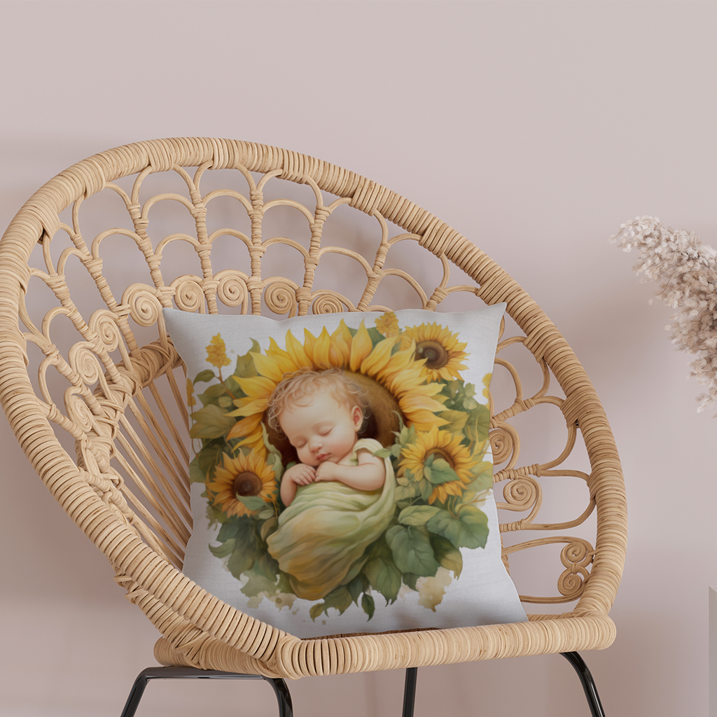 Ayçiçeği İçinde Uyuyan Bebek Dekoratif Kırlent Kılıfı