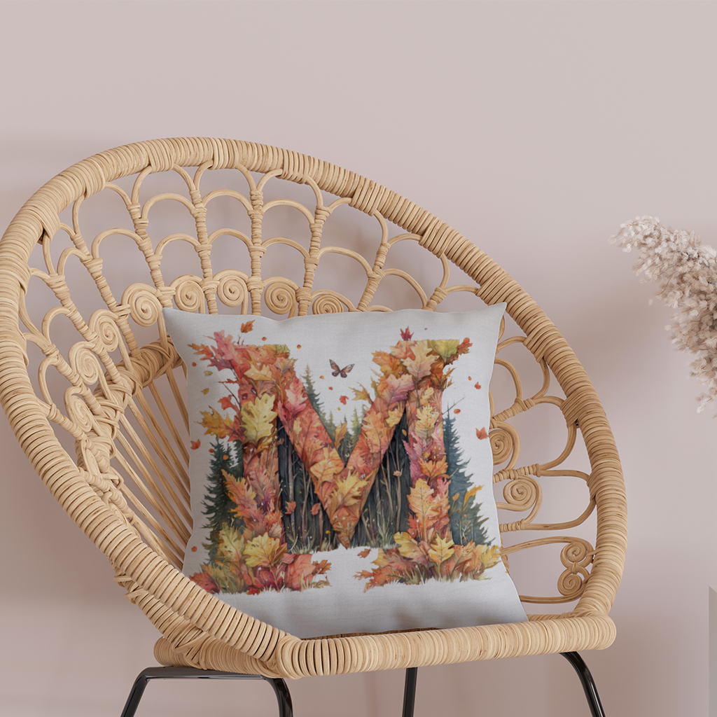 Autumn Letter M With Fall Leaves Decorative pillow cover