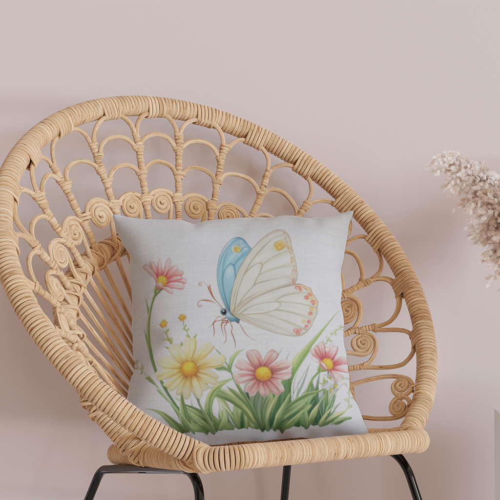 Whimsical Pastel Butterfly and Wildflowers Decorative pillow cover