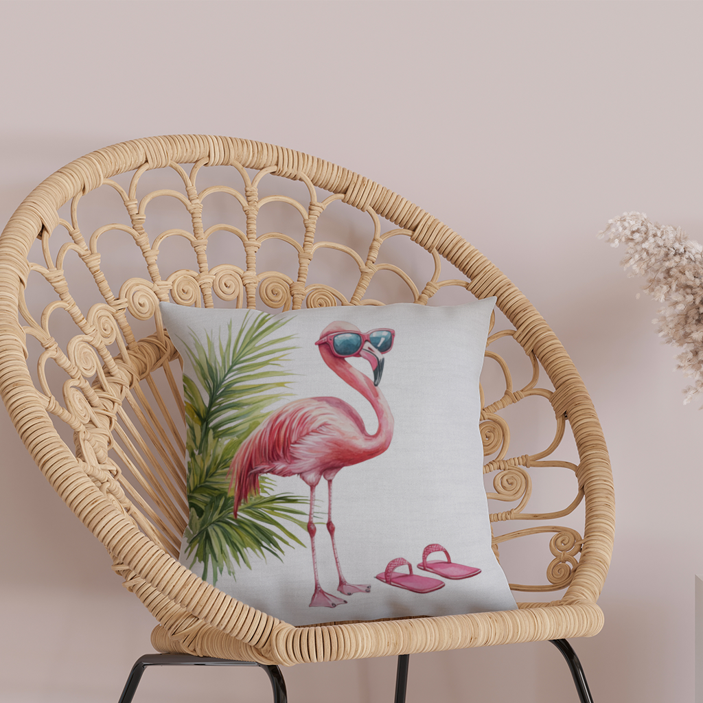 Güneş Gözlüklü Pembe Flamingo Dekoratif Kırlent Kılıfı
