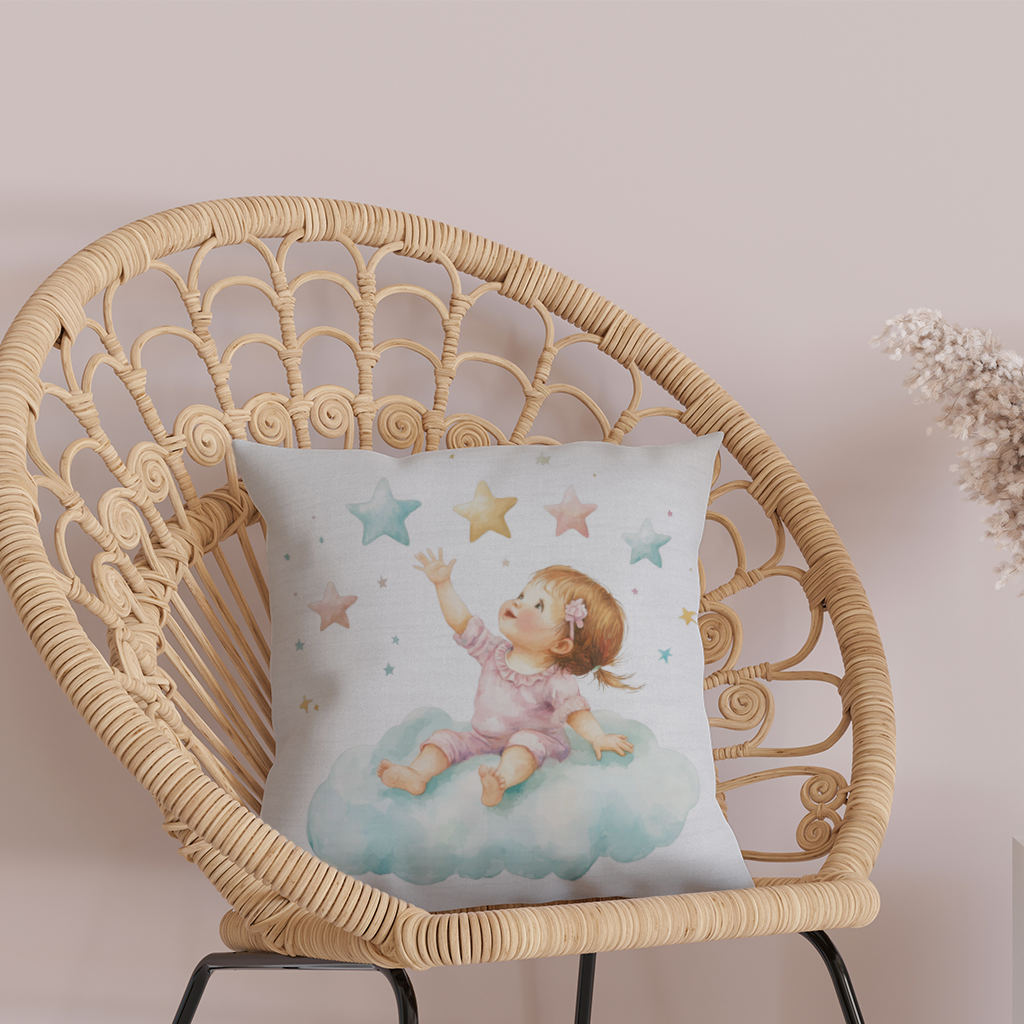 Baby Girl Reaching for Stars on a Cloud Decorative pillow cover