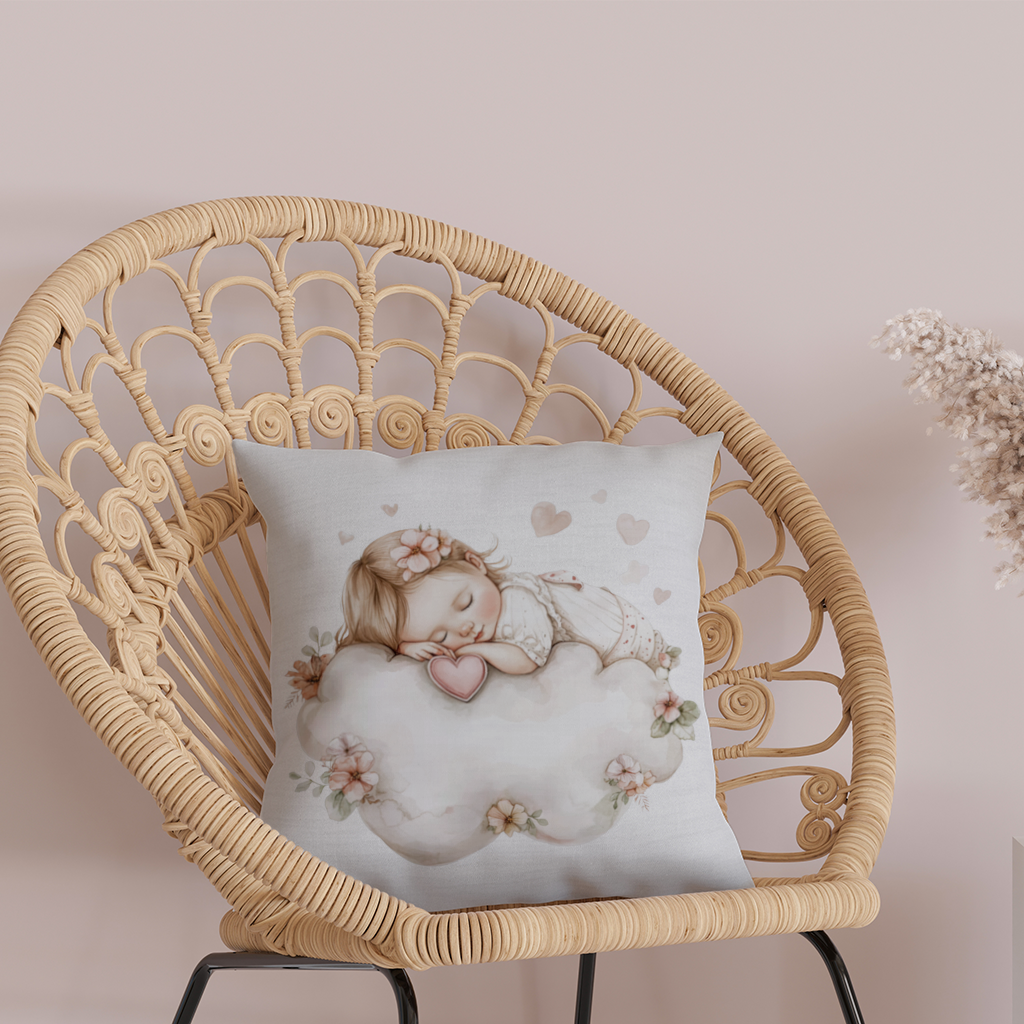 Sleeping Baby Girl on Floral Cloud Decorative pillow cover