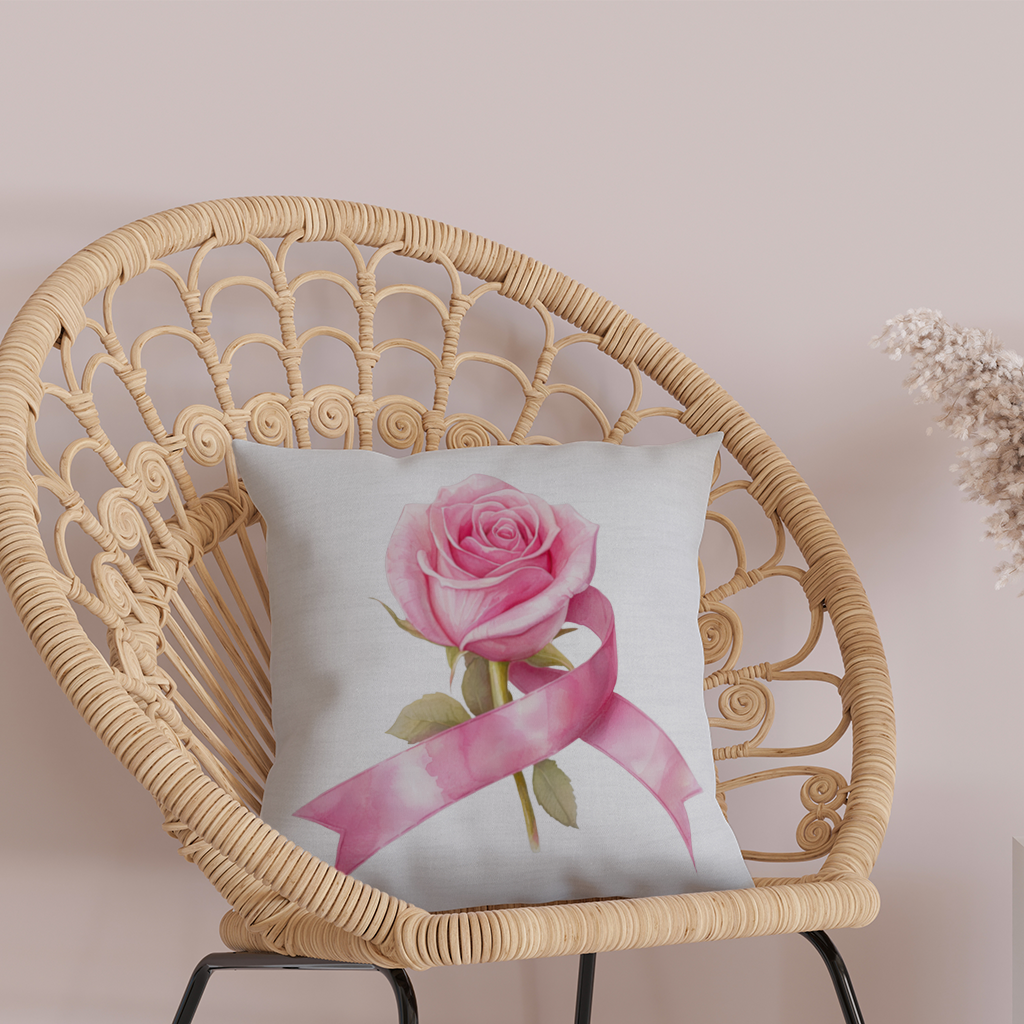 Pembe Kurdeleli Suluboya Gül Dekoratif Kırlent Kılıfı