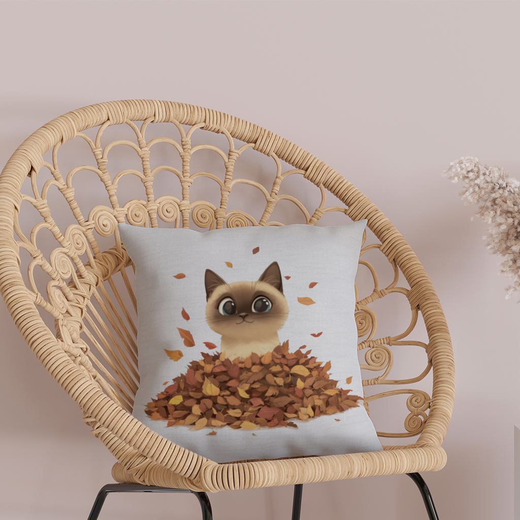 Siamese Cat in Autumn Leaf Pile Decorative pillow cover