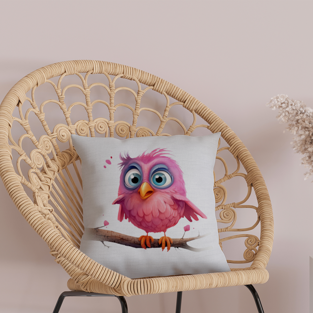 Cute Pink Bird with Large Blue Eyes Decorative pillow cover