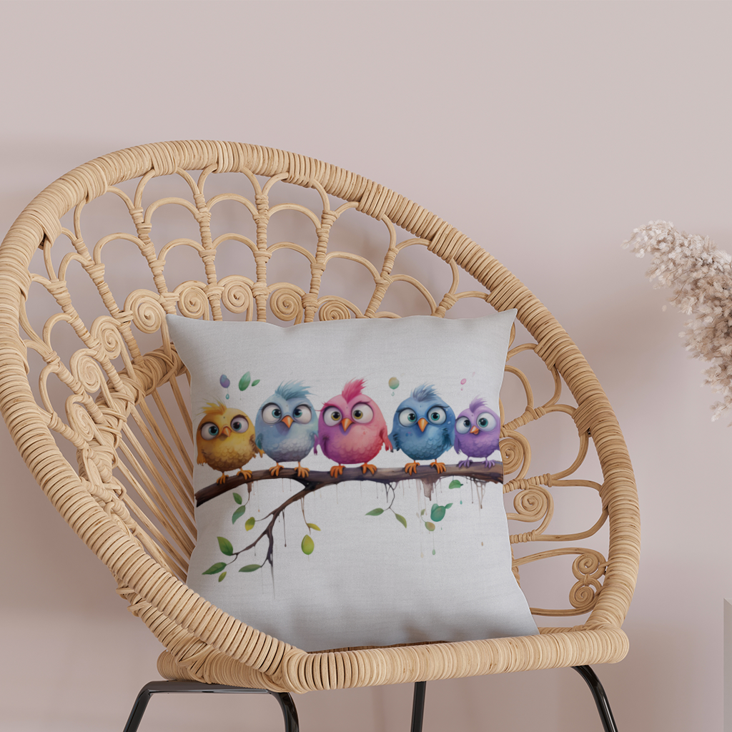 Five Colorful Kawaii Birds on Branch Decorative pillow cover