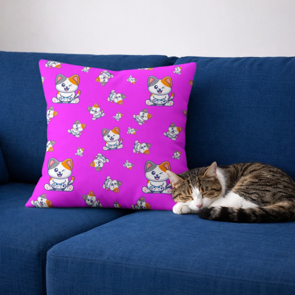 Cute Cartoon Cat Pattern on Pink Background Decorative pillow cover