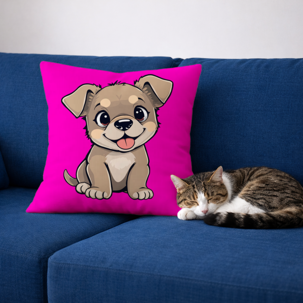 Cute Dog Illustration on Pink Background Decorative pillow cover