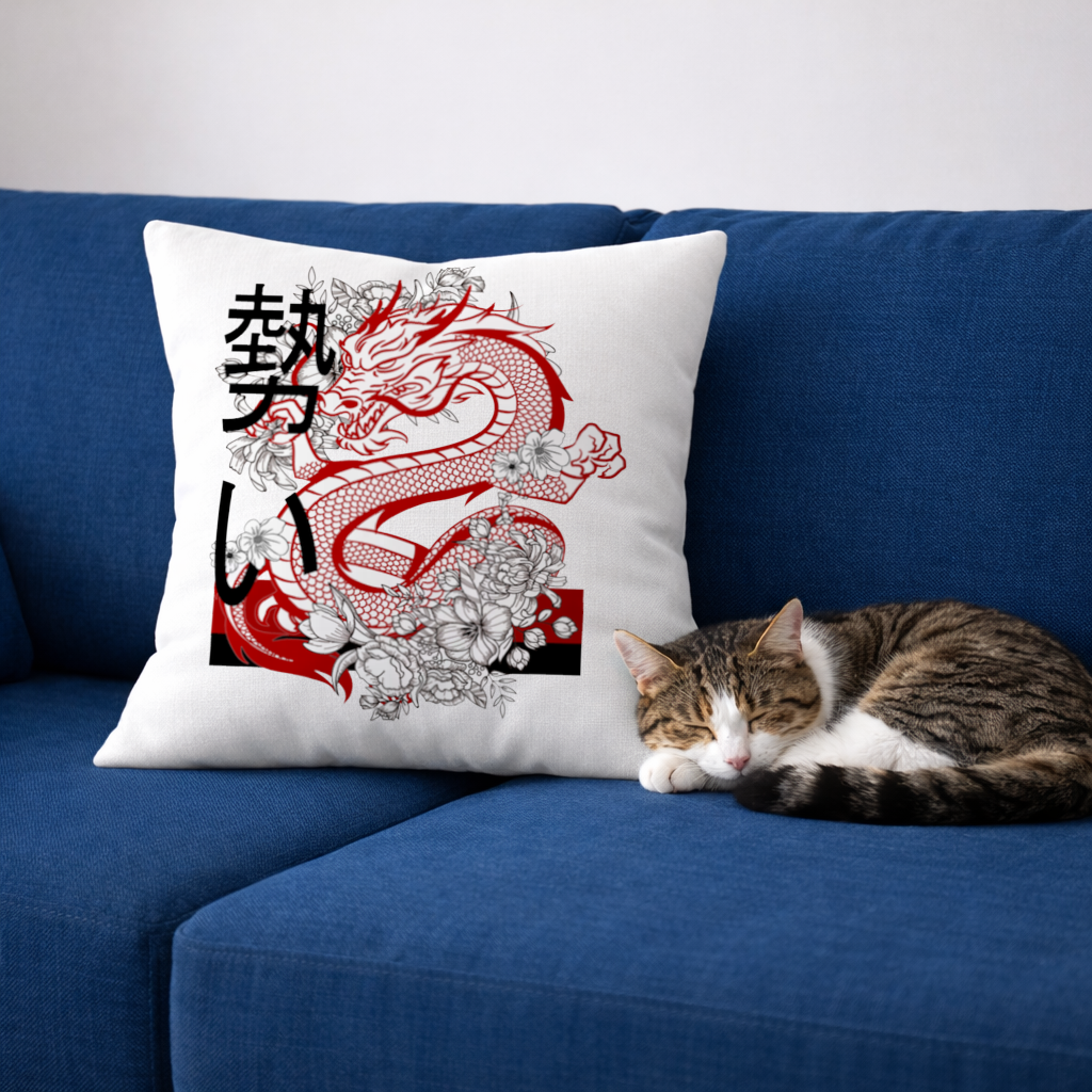 Japon Ejderhası ve Çiçek Deseni Dekoratif Kırlent Kılıfı